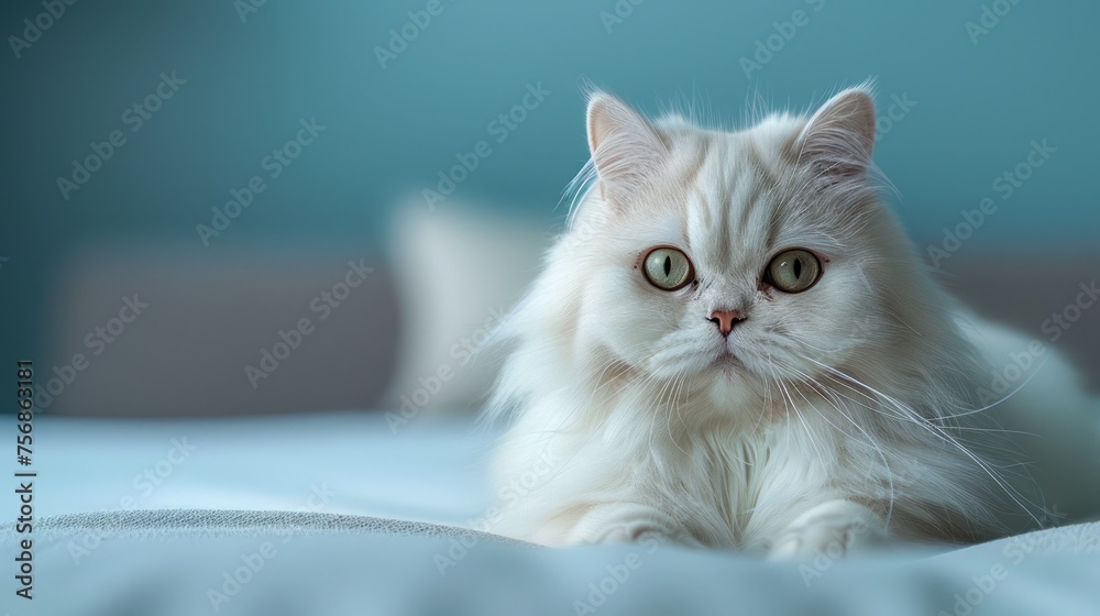 Fluffy White Persian Cat with Intense Gaze Lying on a Soft Blue ...