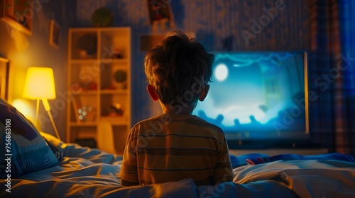A cute boy engrossed in watching cartoons in his bedroom at night.