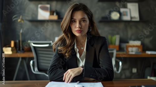 A confident businesswoman sits at her desk, looking directly at the viewer with a determined expression 