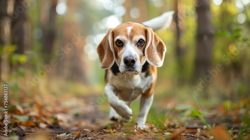 Energetic Beagle Dog Playfully Running in a Vibrant Autumn Forest with Colorful Foliage and Trees © pisan