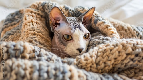 Cozy Sphynx Cat Nestled in Chunky Knitted Blanket, Warm Home Comfort Concept, Hairless Pet Relaxing Indoors photo