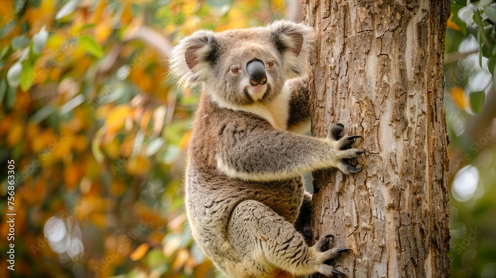Fototapeta premium Adorable Koala Clinging to a Tree in a Lush Australian Forest with Vibrant Green Leaves Background