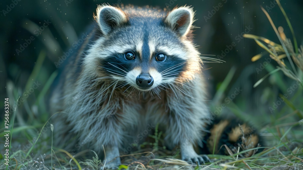 Close-up of a Curious Raccoon in Natural Habitat During Twilight - Wildlife Photography for Stock
