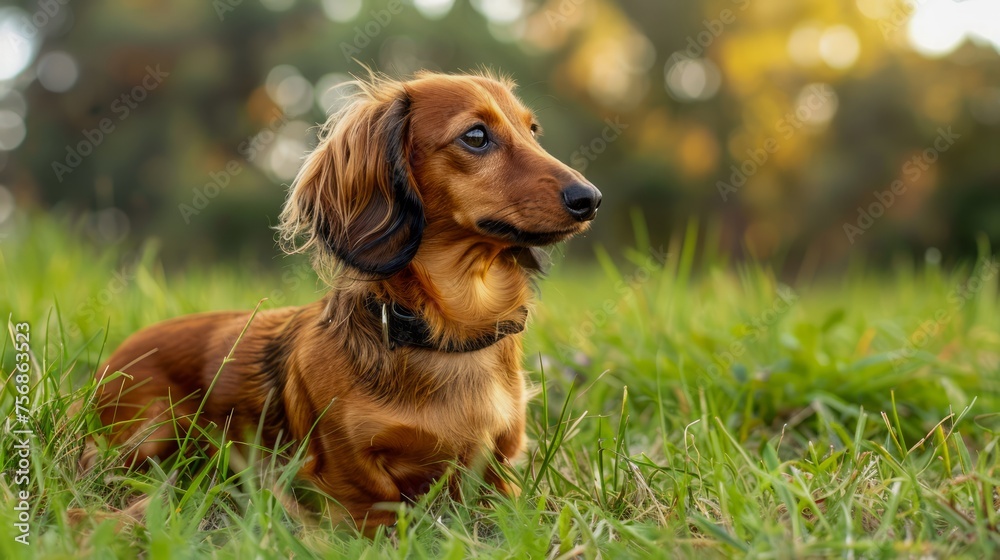Serene Long-haired Dachshund Dog Enjoying a Sunny Day in Lush Green Grass with Golden Light in Background