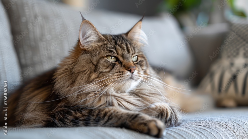 Majestic Tabby Cat Lounging on a Cozy Grey Sofa with Elegant Cushions in a Modern Living Room Setting Majestic Tabby Cat Lounging on a Cozy Grey Sofa with Elegant Cushions in a Modern Living Room Setting