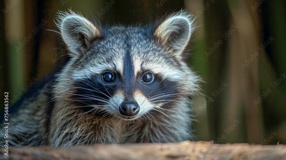 Close-up Portrait of a Curious Raccoon Peeking from Behind Natural Wooden Barrier in Woodland Environment