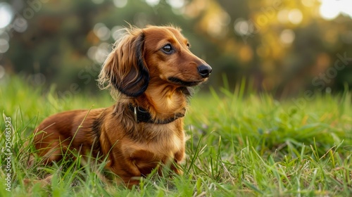 Serene Long-haired Dachshund Dog Enjoying a Sunny Day in Lush Green Grass with Golden Light in Background