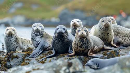 Group of Wild Seals Resting on Coastal Rocks with Natural Background in Picturesque Wildlife Scene photo