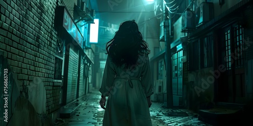 The concept of a thriller movie: A woman flees down a dark city street viewed from behind. Concept Thriller Movie, Woman on the Run, Dark City Street, Suspenseful Scene, Mysterious Atmosphere photo