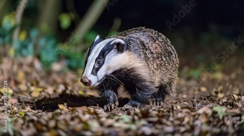 European Badger (Meles meles) in Natural Habitat During Twilight Walking on Forest Floor with Autumn Leaves