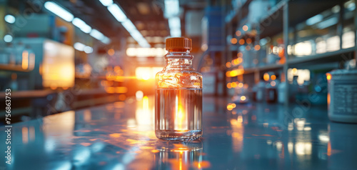 Science lab bottles with golden liquid at sunset