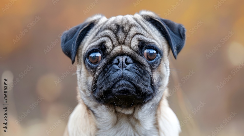 Close-Up Portrait of Adorable Pug Dog with Sad Expression Against Blurred Autumn Background
