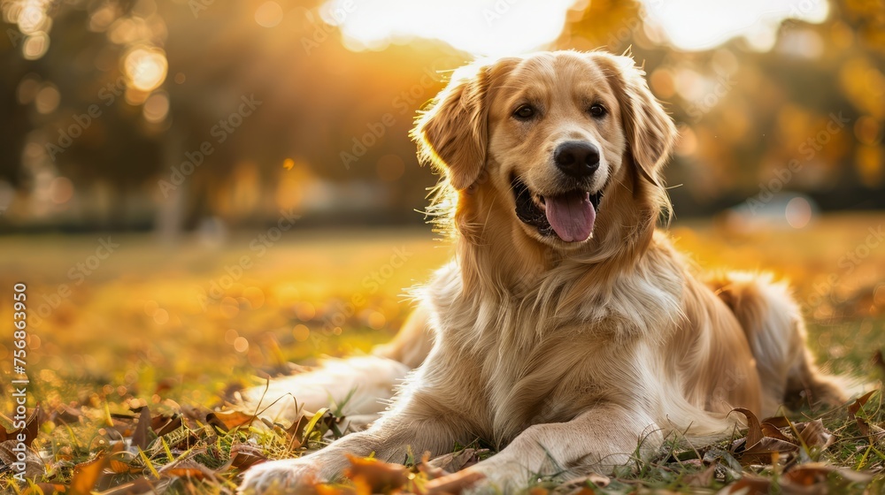 Smiling Golden Retriever Lying Down on Autumn Leaves During Golden Hour