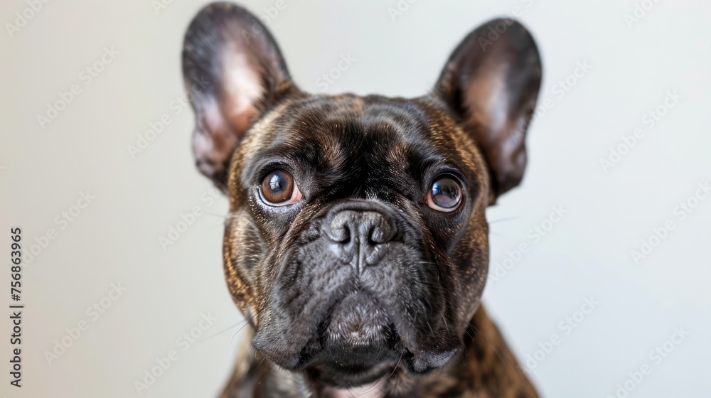 Close-up Portrait of A French Bulldog with Big Ears and Dark Brindle Coat on Neutral Background