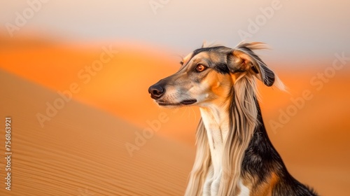 Majestic Saluki Dog in Profile with Flowing Coat Against Warm Sunset on Sandy Desert Dunes, Symbol of Grace and Speed.