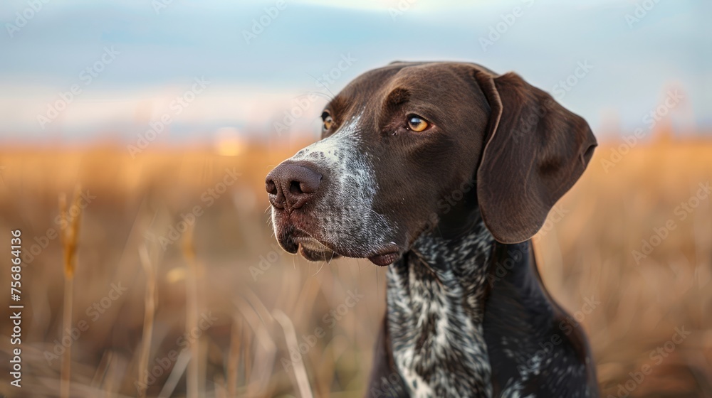 Portrait of a German Shorthaired Pointer Dog in a Field at Sunset with Beautiful Fall Colors in Background Portrait of a German Shorthaired Pointer Dog in a Field at Sunset with Beautiful Fall Colors in Background