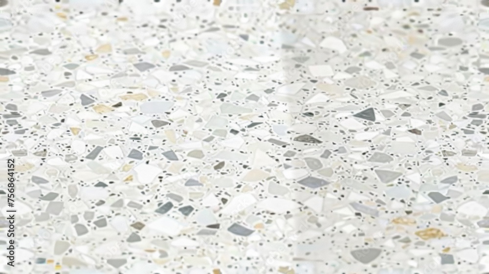 a square tile featuring a high-definition terrazzo pattern, with small to medium-sized flecks of grey, white, and beige on a bright background. The tile is laid out on a floor with subtle reflections a square tile featuring a high-definition terrazzo pattern, with small to medium-sized flecks of grey, white, and beige on a bright background. The tile is laid out on a floor with subtle reflections
