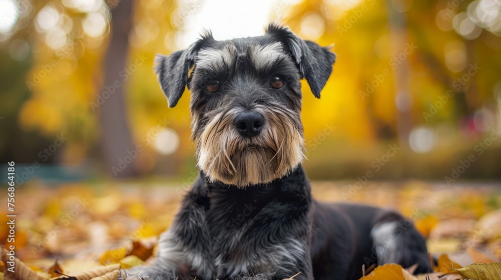 Serene Autumn Scene with Black and Tan Dog Lying in a Bed of Golden Leaves with Soft-Focus Background