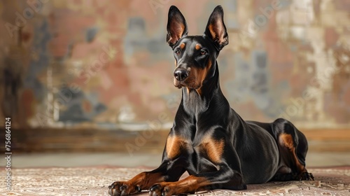 Majestic Black Doberman Pinscher Lying Down Elegantly in Classic Interior Setting with Artistic Background