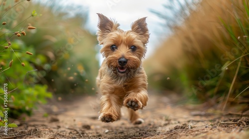 Joyful Young Brown Dog Running Playfully in Lush Green Outdoor Setting © pisan