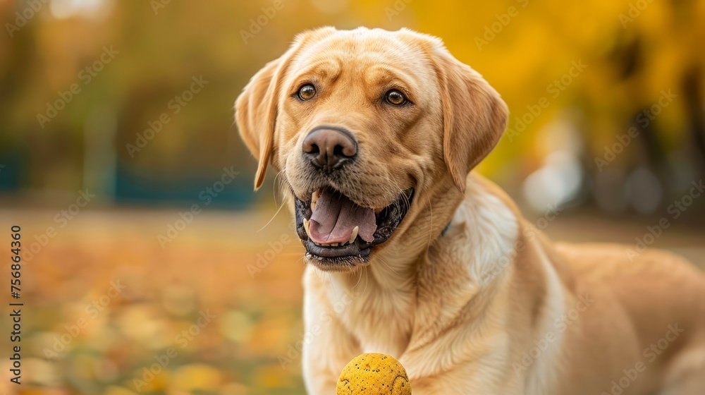 Smiling Yellow Labrador Retriever With Ball in Autumn Park - Fall Colors, Playful Dog Enjoying Outdoors