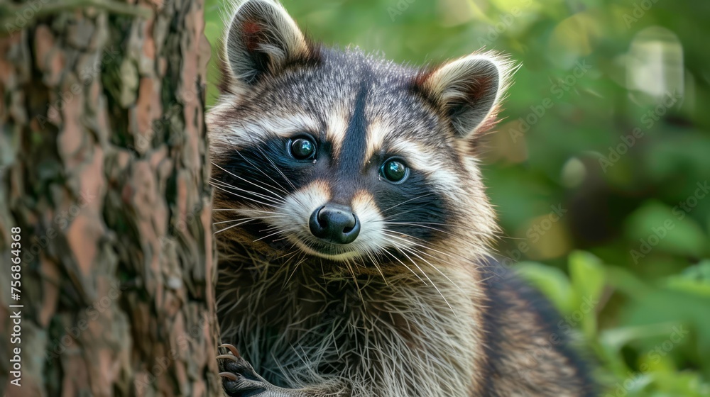 Close-up Portrait of a Curious Raccoon Peeking from Behind a Tree in Natural Habitat