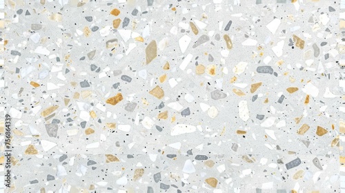 a square tile featuring a high-definition terrazzo pattern, with small to medium-sized flecks of grey, white, and beige on a bright background. The tile is laid out on a floor with subtle reflections