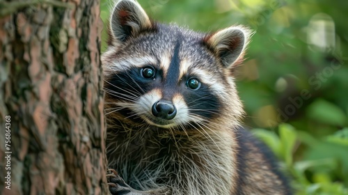 Close-up Portrait of a Curious Raccoon Peeking from Behind a Tree in Natural Habitat photo