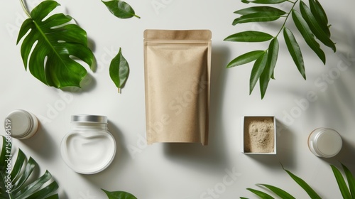 A mockup of a natural product using eco-friendly packaging materials like recycled paper and plant-based plastics
