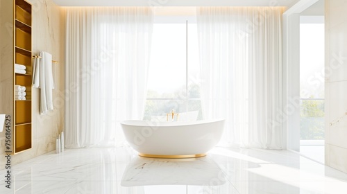 A pristine  sunlit bathroom with a white freestanding bathtub and golden accents. Marble floors and sheer curtains.