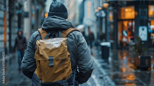 Courier with backpack in urban winter