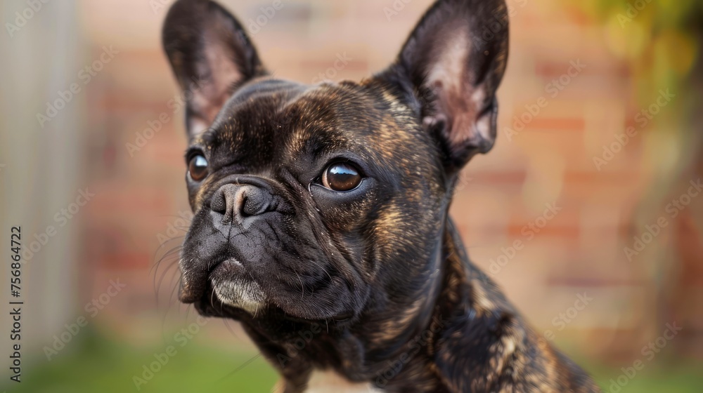 Adorable Brindle French Bulldog Posing with Alert Expression in Softly Blurred Garden Background Perfect for Pet Lovers