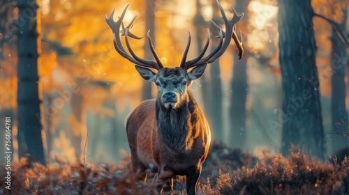 Majestic Red Deer Stag with Large Antlers Standing in Vibrant Autumn Forest During Golden Hour