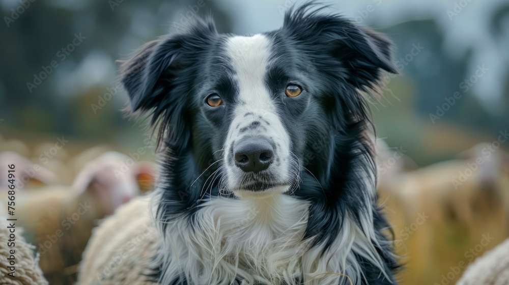 Attentive Black and White Border Collie Dog With Striking Eyes Guarding Sheep on a Cloudy Day
