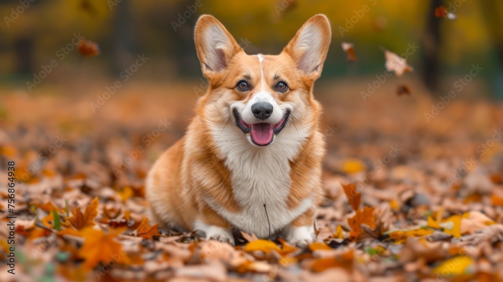 Smiling Welsh Corgi Dog Lying Among Autumn Leaves in a Park, Vibrant Fall Season Pet Portrait