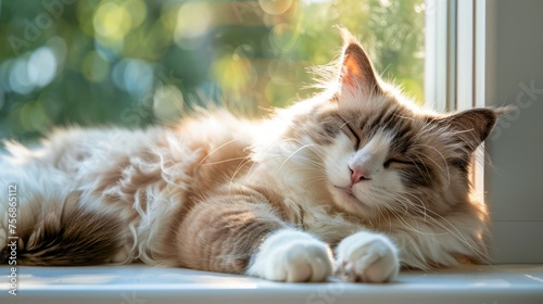 Serene Domestic Longhair Cat Basking in Sunlight Near Window in Cozy Home Setting