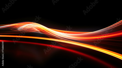 Abstract curve Light Trails, colorful luminous long exposure motion shape, high speed light streaks effects on black reflection floor background
