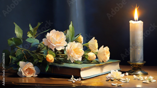 Beautiful white roses with candle on wooden table on a gray background