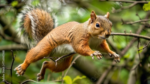 Dynamic Action Shot of a Squirrel Mid-Leap Amidst Vibrant Green Foliage in Natural Habitat