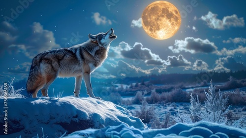 Majestic Wolf Howling Under Full Moon in Winter Night Landscape with Snow and Stars