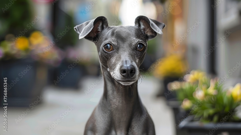 Elegant Grey Italian Greyhound Dog with Alert Expression Posing Against Urban Street Background Elegant Grey Italian Greyhound Dog with Alert Expression Posing Against Urban Street Background