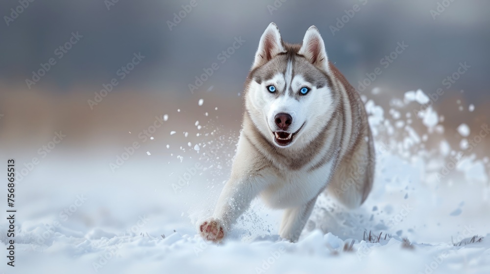 Energetic Siberian Husky Dog Running Playfully in Winter Snow Landscape with Vivid Blue Eyes and Fluffy Fur Energetic Siberian Husky Dog Running Playfully in Winter Snow Landscape with Vivid Blue Eyes and Fluffy Fur