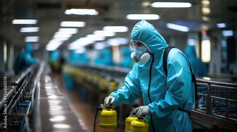 Obraz premium A person in protective gear performing sanitization in a well-lit indoor facility, emphasizing health and safety standards.Sanitization Protocol.
