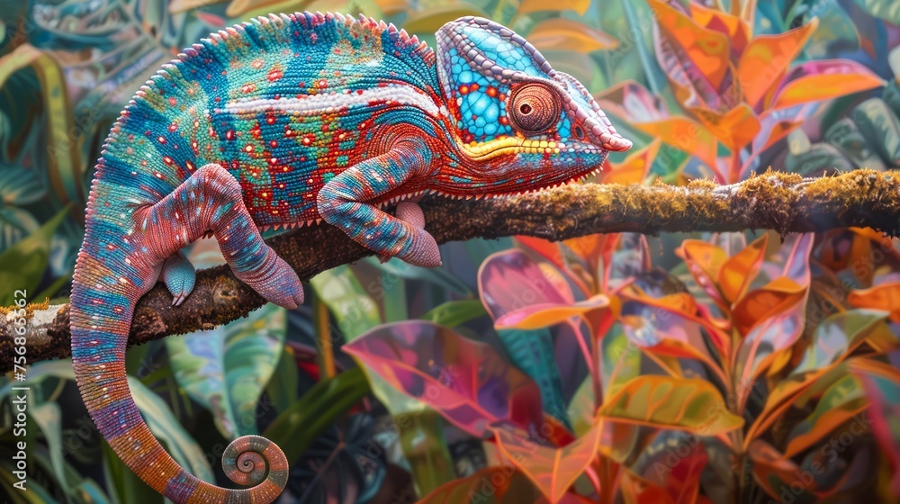 Obraz premium Colorful Chameleon Camouflaged Among Vibrant Tropical Leaves on Tree Branch in Natural Habitat