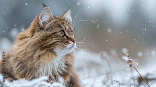 Majestic Fluffy Maine Coon Cat Sitting in a Snowy Landscape, Focused Gaze Amidst Falling Snowflakes