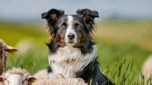 Alert Border Collie Dog Guards Herd of Sheep in Vibrant Green Pasture Under Sunny Blue Sky