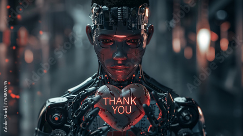 A robot or designed to look like a man holding a heart with the inscription "thank you" on it. Mystical concept of the future.