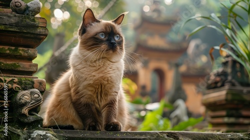 Majestic Siamese Cat Sitting on a Stone Ledge in a Lush Garden with Traditional Architecture in the Background
