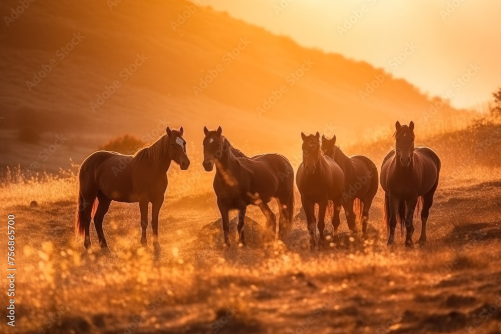 A herd of horses on a golden field at sunset, in a cloud of dust in a warm light. A herd of horses on a golden field at sunset, in a cloud of dust in a warm light.
