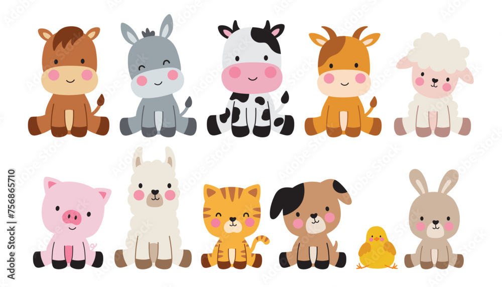 Naklejka premium Cute farm animals in a sitting position vector illustration. Set of cute barn animals including a horse, cow, donkey, goat, sheep, pig, llama, cat, dog, chick, and rabbit.